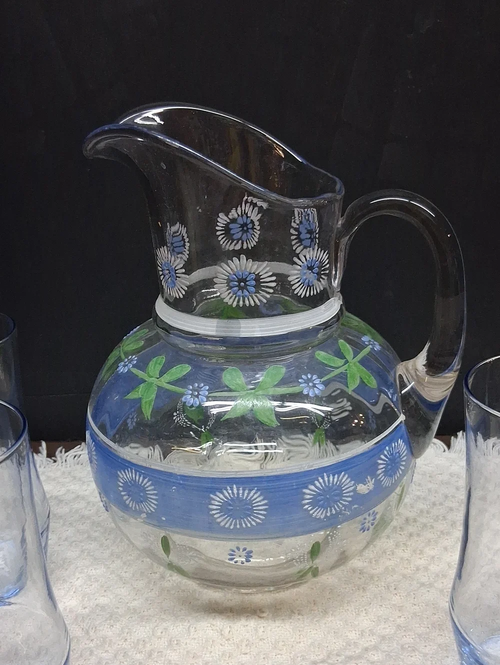Vintage hand-painted glass pitcher & 3 blue tumblers, cottage style‎